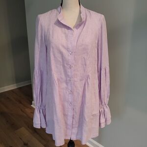 Style Paris By Susan Sutherland Lavender Linen Balloon Ruffle Sleeve Tiered Top